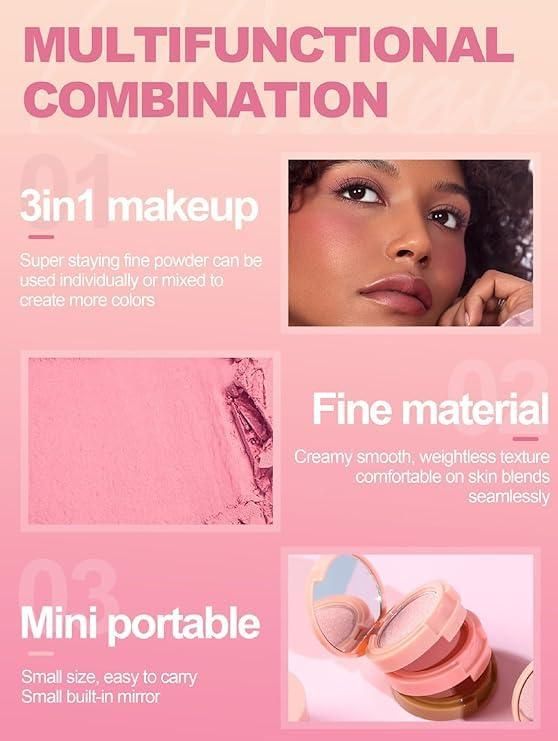 3 in1 Face Blusher & Highlighter with Mini Compact Travel Friendly Palette
