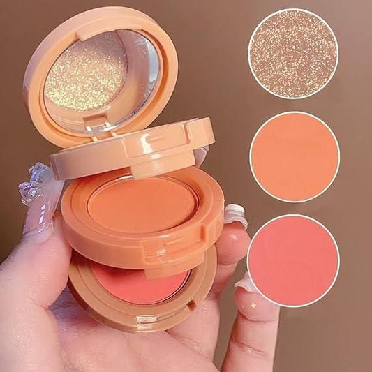 3 in1 Face Blusher & Highlighter with Mini Compact Travel Friendly Palette